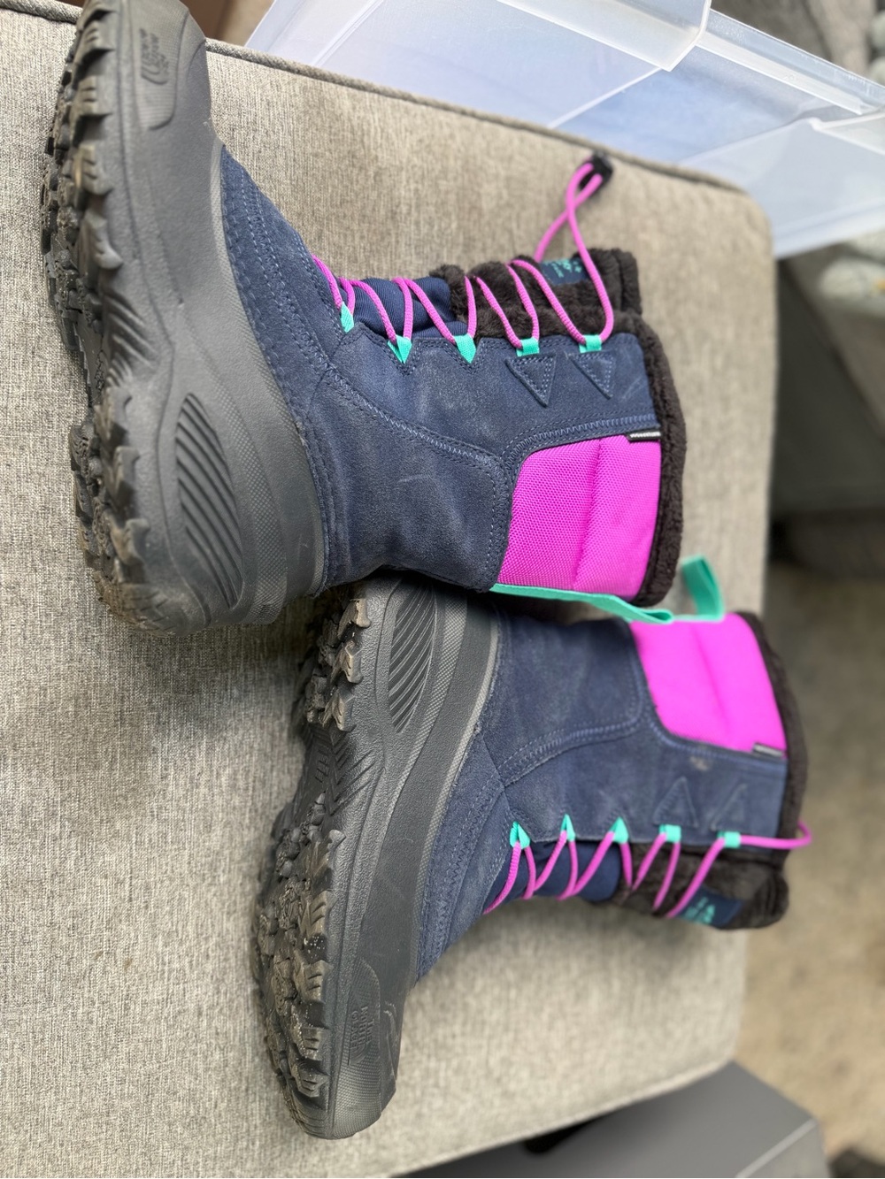 The north face  Navy Winter Boots with Pink & Teal Accents 5y 5 youth